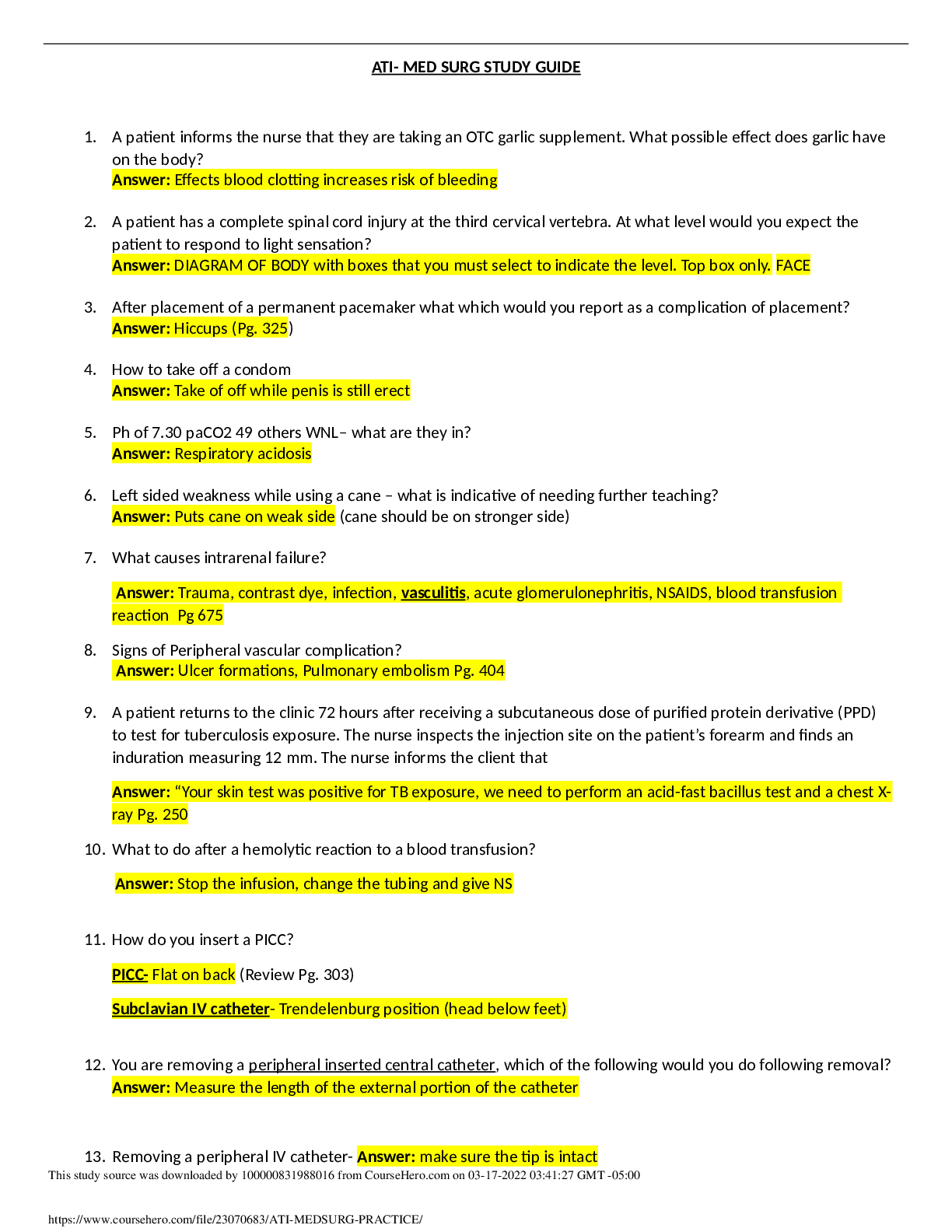 Preview of RN MEDSURG PRACTICE STUDY GUIDE LATEST 2021 CORRECT GRADED A